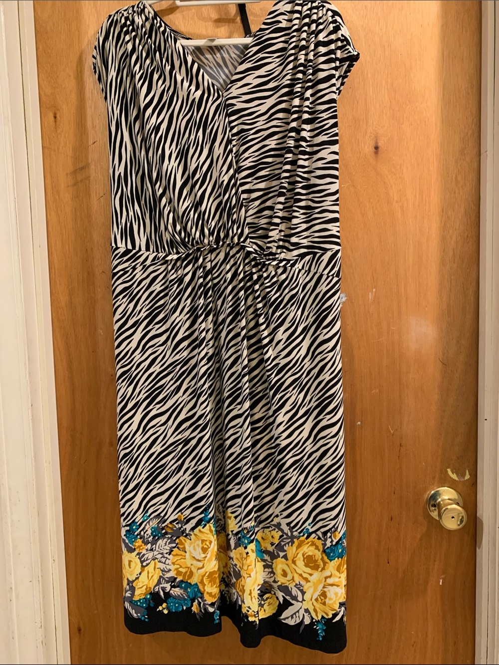 Calvin Klein Black and White Zebra-Print Midi Dress with Yellow Floral Border